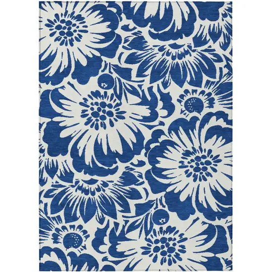 Navy and Ivory Floral Washable Non Skid Indoor Outdoor Area Rug Photo 2