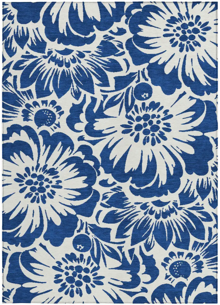 Navy and Ivory Floral Washable Non Skid Indoor Outdoor Area Rug Photo 5