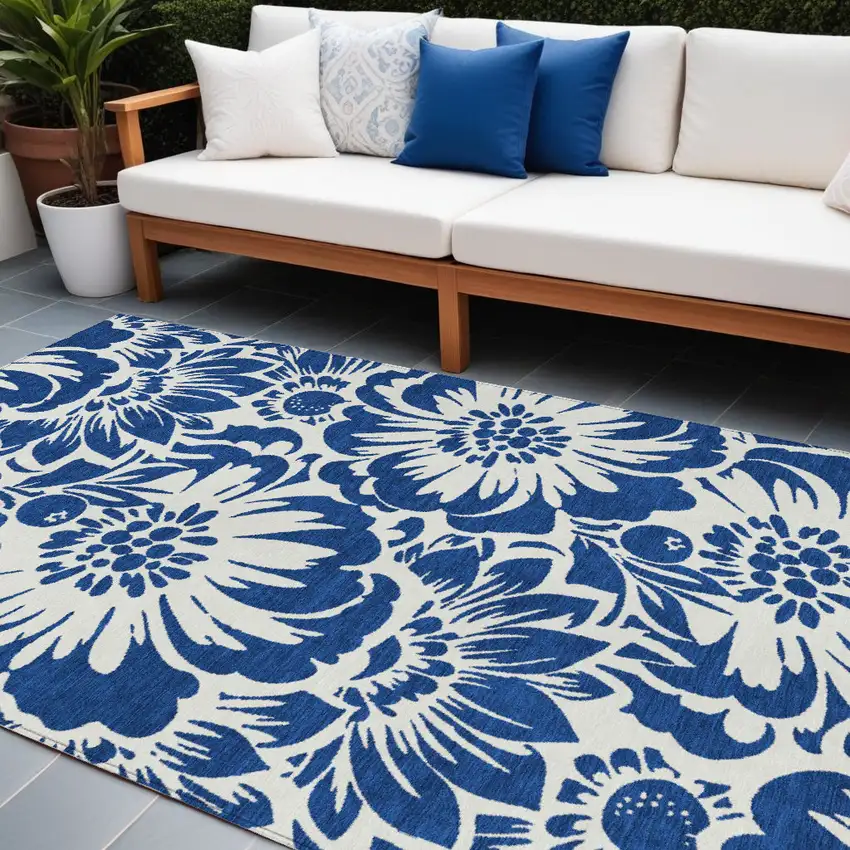 Navy and Ivory Floral Washable Non Skid Indoor Outdoor Area Rug Photo 1