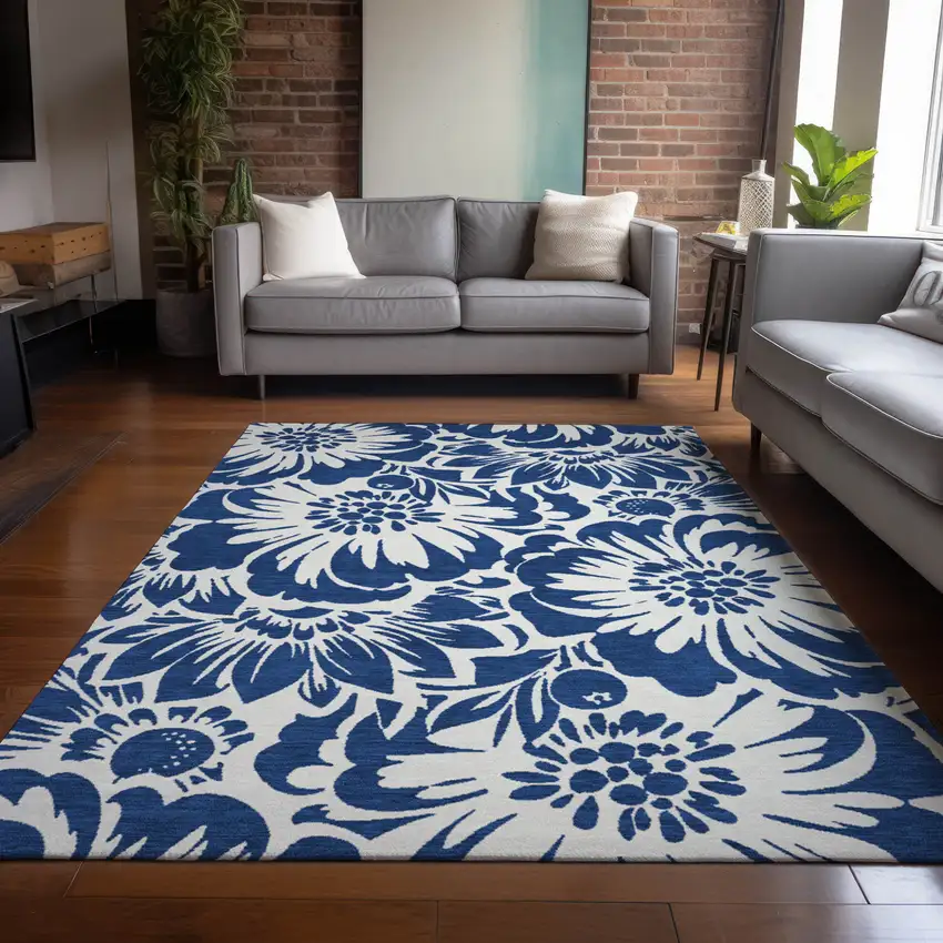 Navy and Ivory Floral Washable Non Skid Indoor Outdoor Area Rug Photo 9