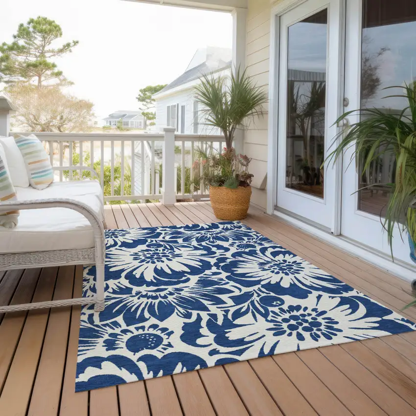 Navy and Ivory Floral Washable Non Skid Indoor Outdoor Area Rug Photo 8