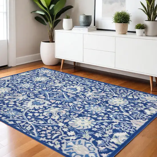 Ivory And Blue Floral Area Rug Photo 2