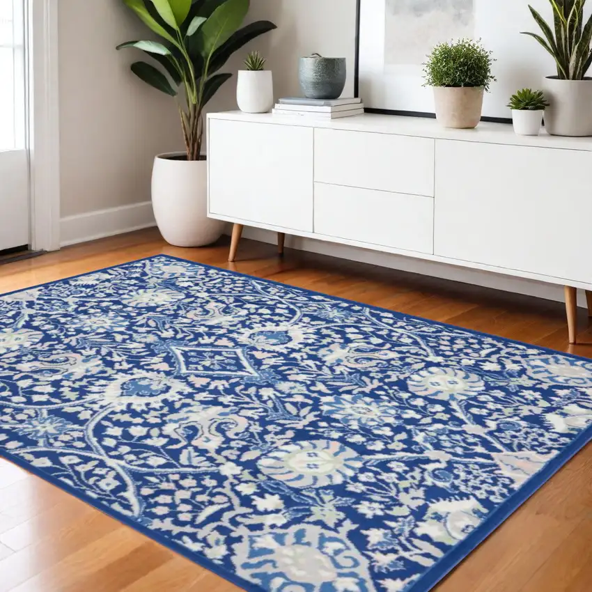 Ivory And Blue Floral Area Rug Photo 2