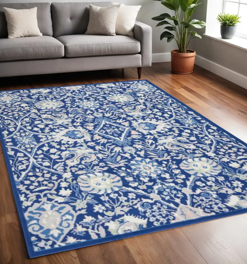 Ivory And Blue Floral Area Rug Photo 2