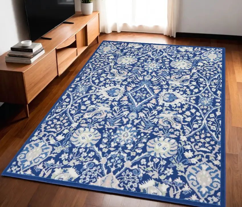 Navy Blue Floral Dhurrie Area Rug Photo 1