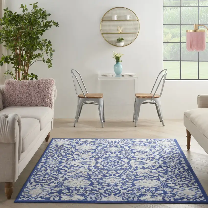 Blue And Ivory Floral Area Rug Photo 6