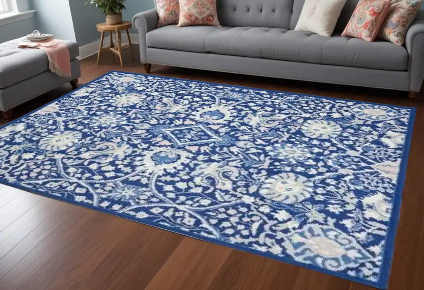 Navy Blue Floral Dhurrie Area Rug Photo 1