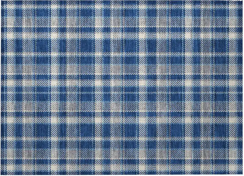 Navy and Ivory Plaid Washable Non Skid Indoor Outdoor Area Rug Photo 5