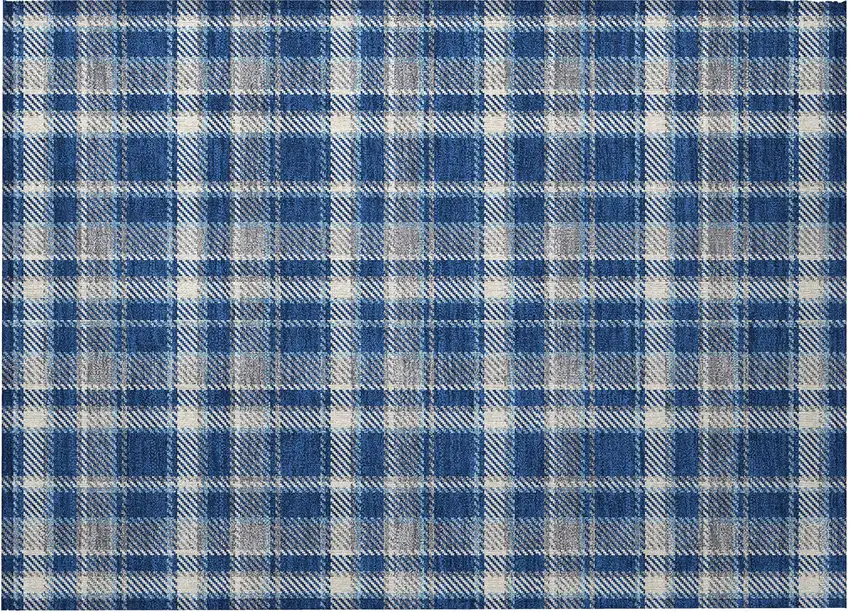 Navy and Ivory Plaid Washable Non Skid Indoor Outdoor Area Rug Photo 4