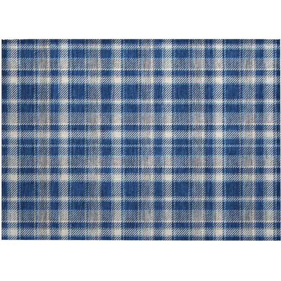 Navy and Ivory Plaid Washable Non Skid Indoor Outdoor Area Rug Photo 2