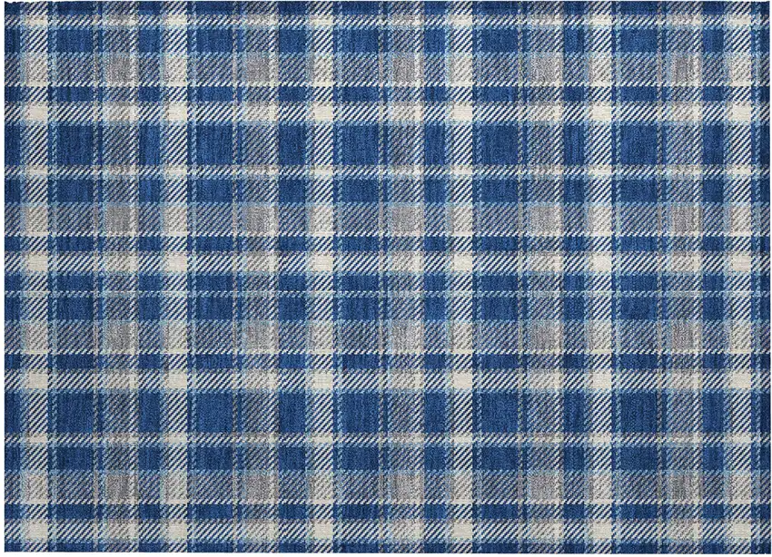 Navy and Ivory Plaid Washable Non Skid Indoor Outdoor Area Rug Photo 2