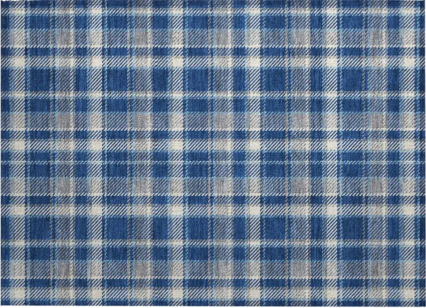 Navy and Ivory Plaid Washable Non Skid Indoor Outdoor Area Rug Photo 2