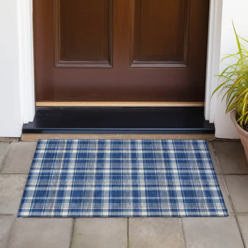 Navy and Ivory Plaid Washable Non Skid Indoor Outdoor Area Rug Photo 8