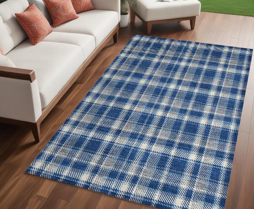 Navy and Ivory Plaid Washable Non Skid Indoor Outdoor Area Rug Photo 1