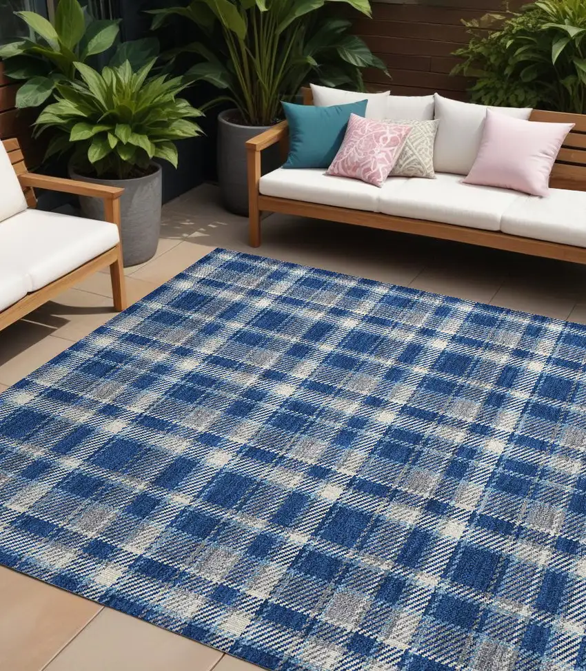 Navy and Ivory Plaid Washable Non Skid Indoor Outdoor Area Rug Photo 1