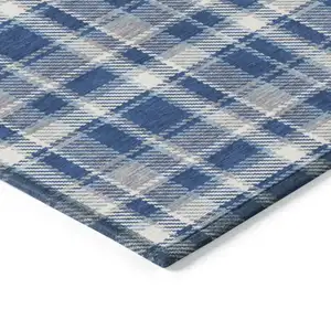 Photo of Navy and Ivory Plaid Washable Non Skid Indoor Outdoor Area Rug