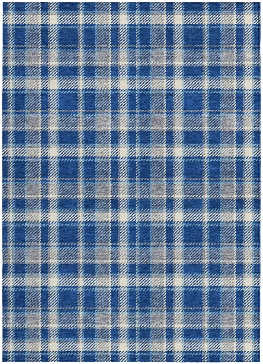 Navy and Ivory Plaid Washable Non Skid Indoor Outdoor Area Rug Photo 4
