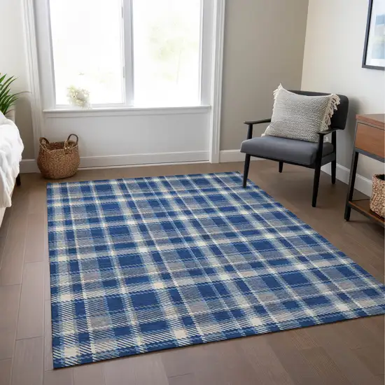 Navy and Ivory Plaid Washable Non Skid Indoor Outdoor Area Rug Photo 9