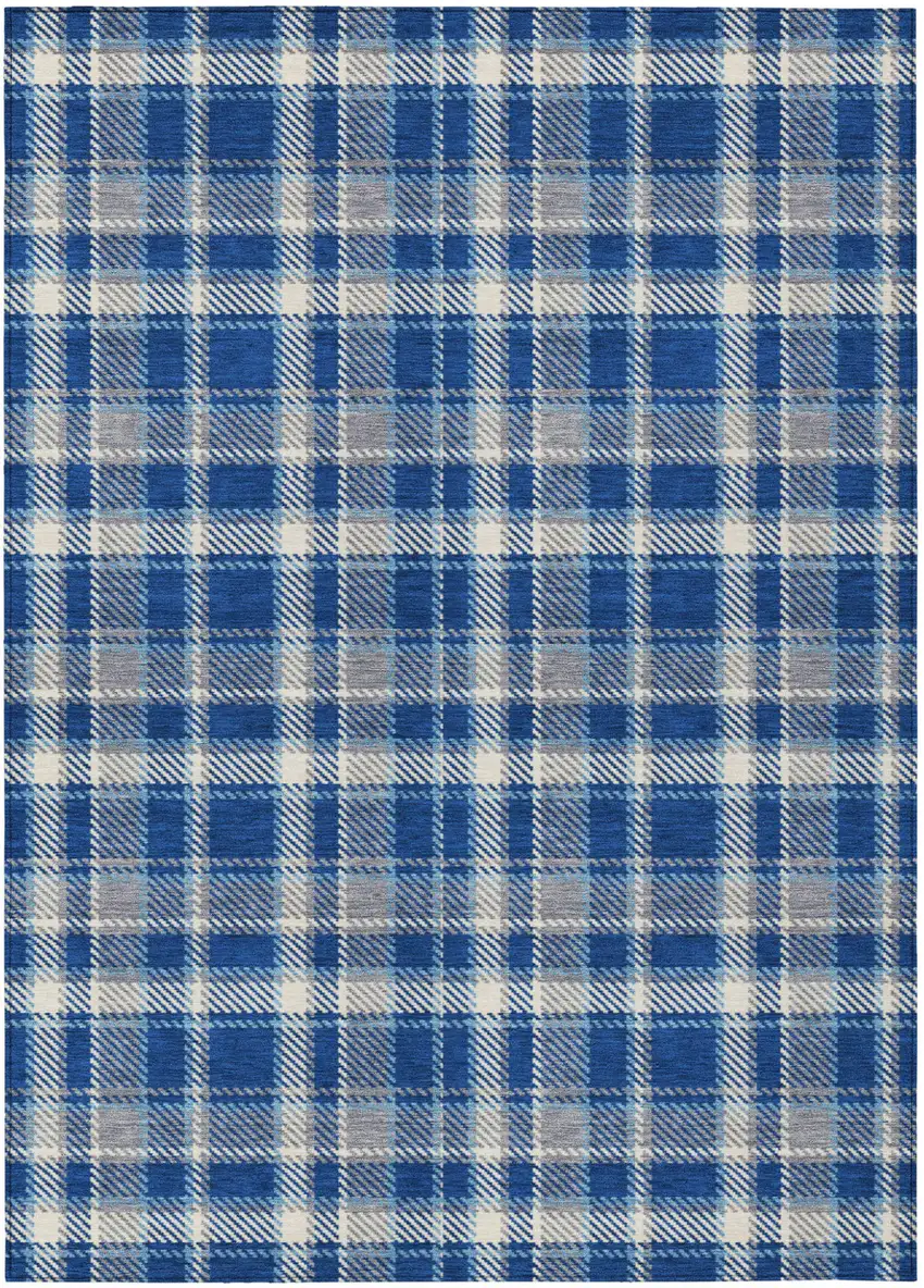 Navy and Ivory Plaid Washable Non Skid Indoor Outdoor Area Rug Photo 2