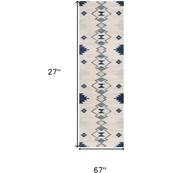 6' Blue And Ivory Southwestern Runner Rug Photo 8