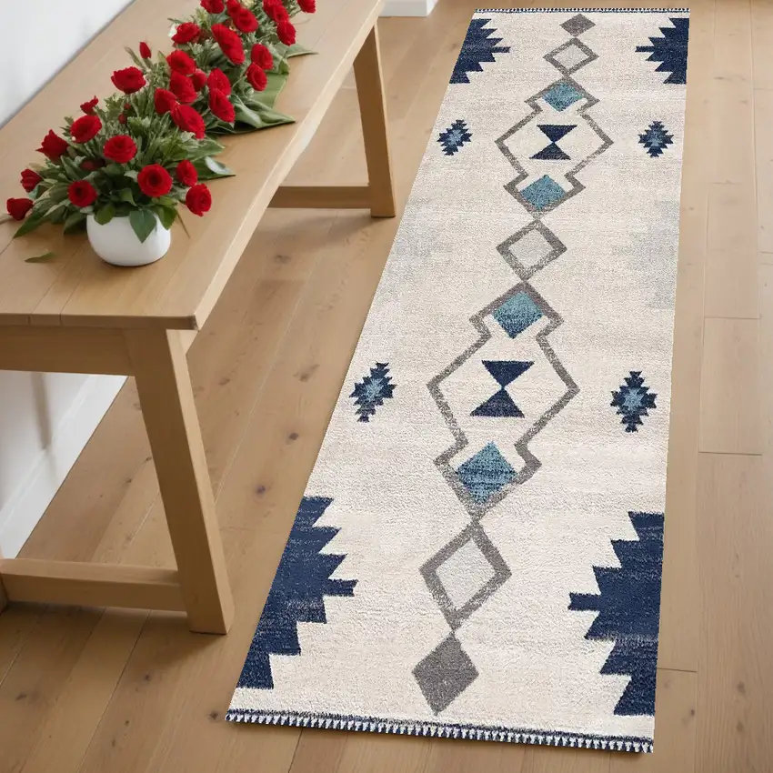 6' Runner Blue and Ivory Southwestern Area Rug Photo 1