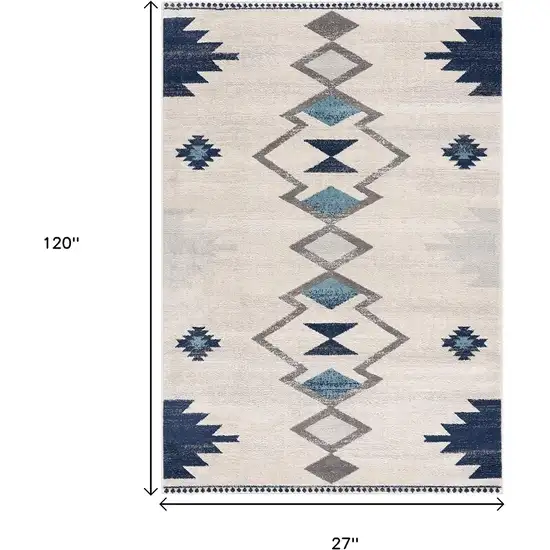 10' Blue And Ivory Southwestern Runner Rug Photo 3