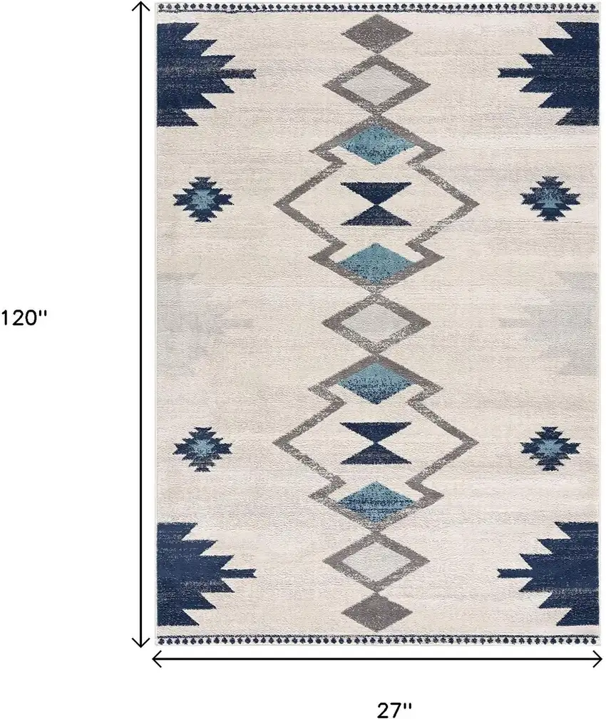 10' Blue And Ivory Southwestern Runner Rug Photo 3