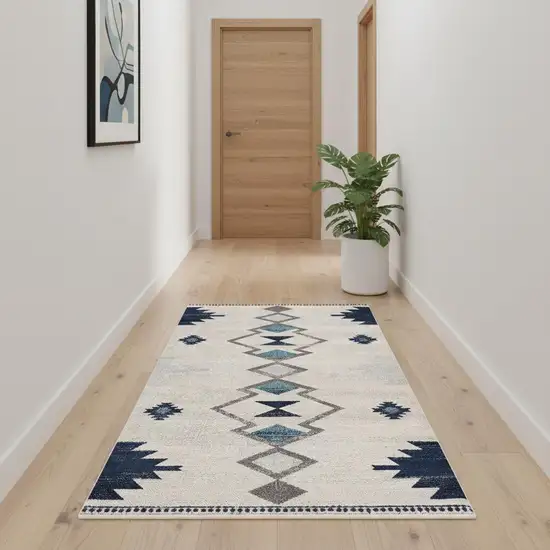 10' Blue And Ivory Southwestern Runner Rug Photo 1