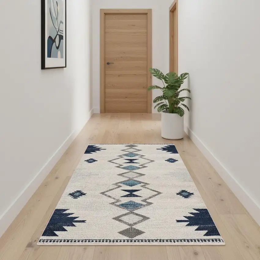 10' Blue And Ivory Southwestern Runner Rug Photo 1