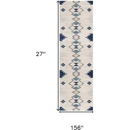 13' Blue And Ivory Southwestern Runner Rug Photo 8