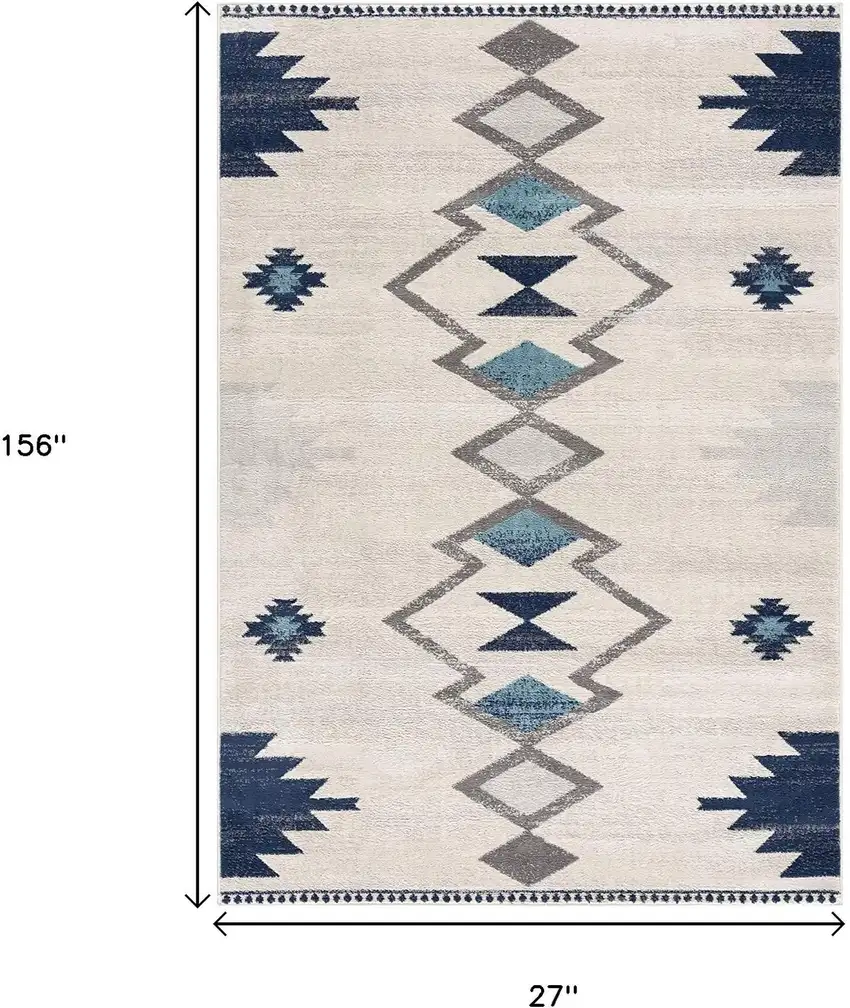 13' Blue And Ivory Southwestern Runner Rug Photo 7