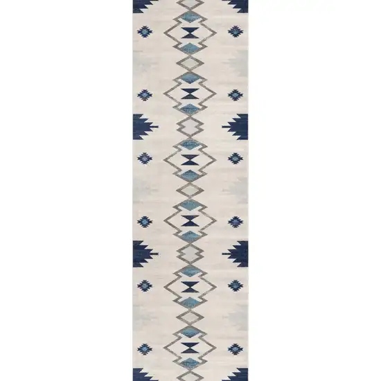 15' Blue And Ivory Southwestern Runner Rug Photo 1