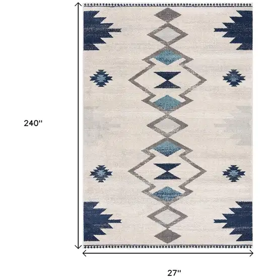 20' Blue And Ivory Southwestern Runner Rug Photo 3