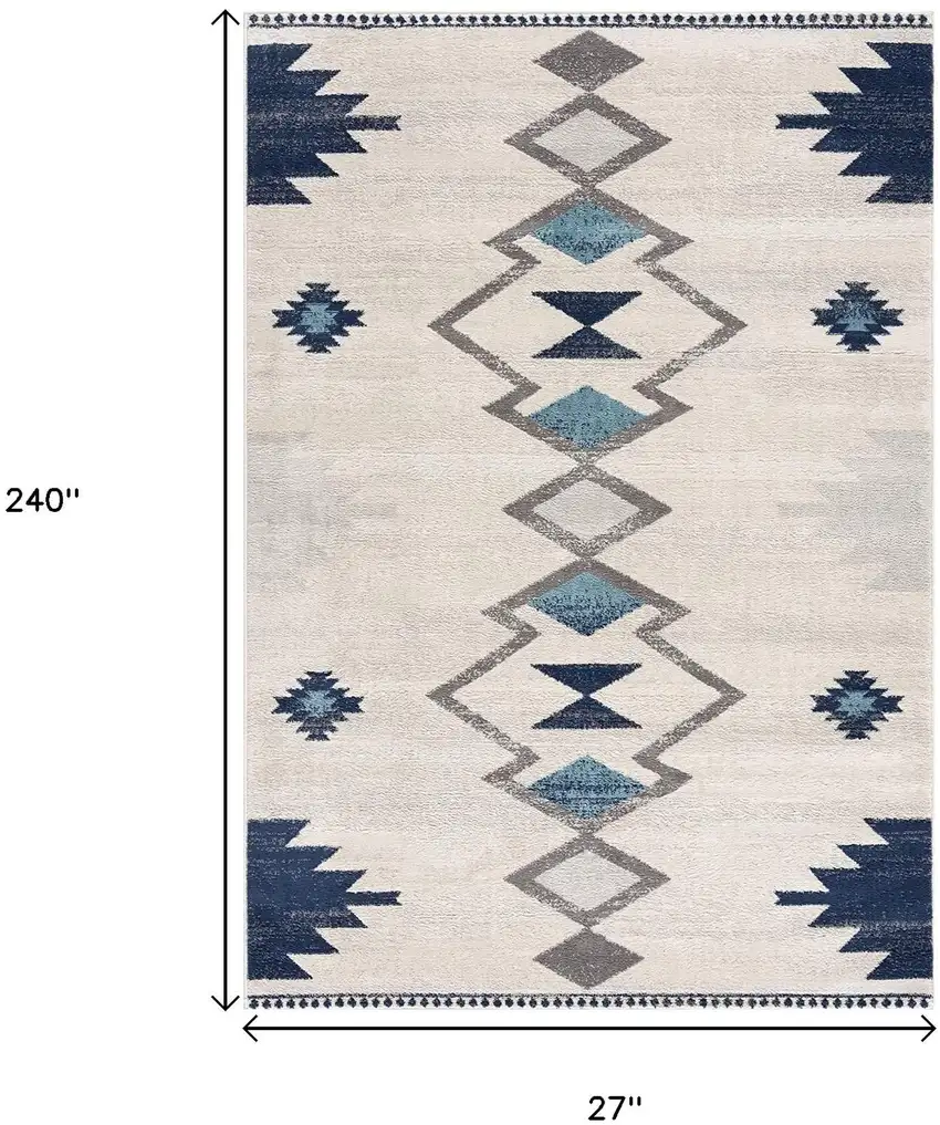 20' Blue And Ivory Southwestern Runner Rug Photo 3