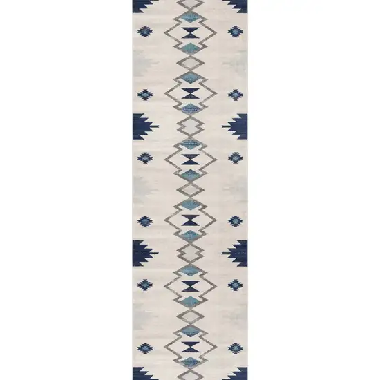 20' Blue And Ivory Southwestern Runner Rug Photo 4