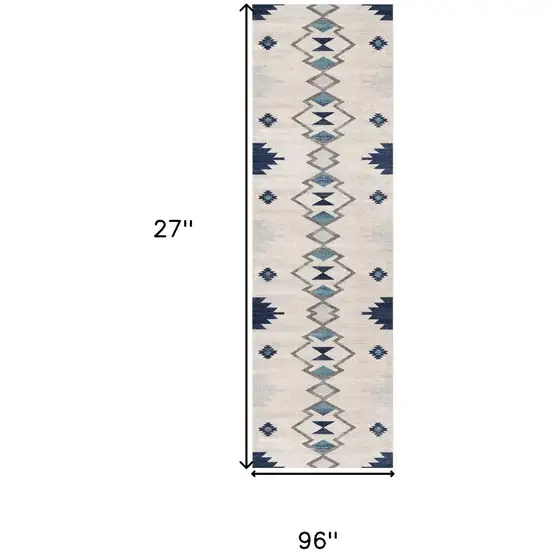 8' Blue And Ivory Southwestern Runner Rug Photo 7