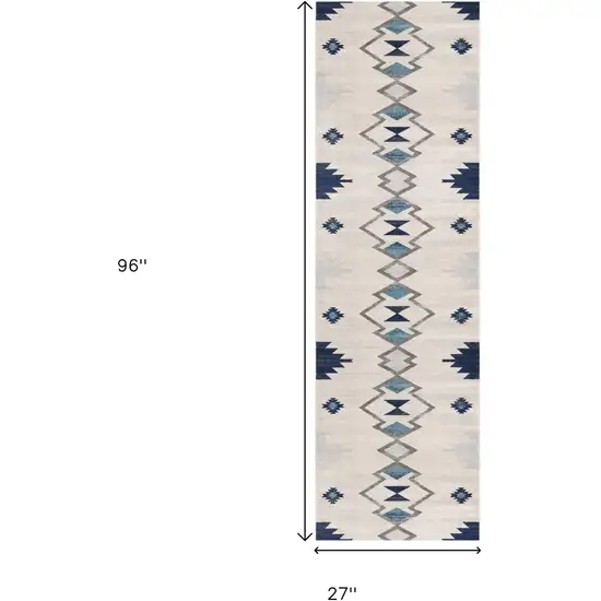 8' Blue And Ivory Southwestern Runner Rug Photo 6
