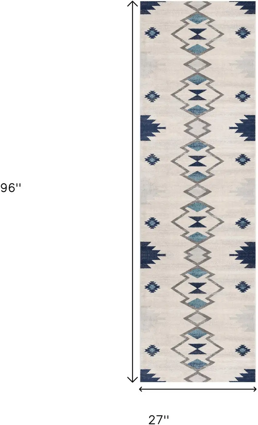 8' Blue And Ivory Southwestern Runner Rug Photo 6