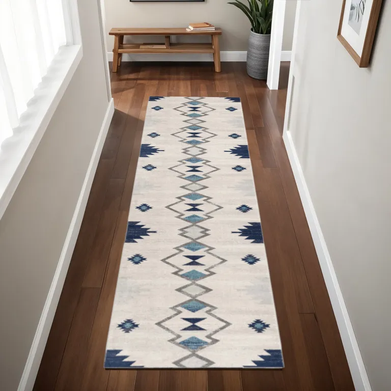 Navy and Ivory Tribal Pattern Runner Rug Photo 5