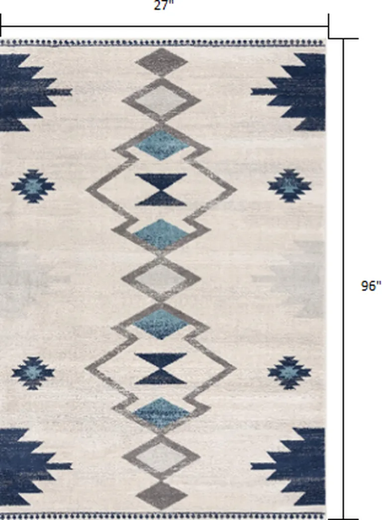 Navy and Ivory Tribal Pattern Runner Rug Photo 2