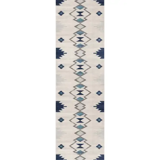 8' Blue And Ivory Southwestern Runner Rug Photo 1