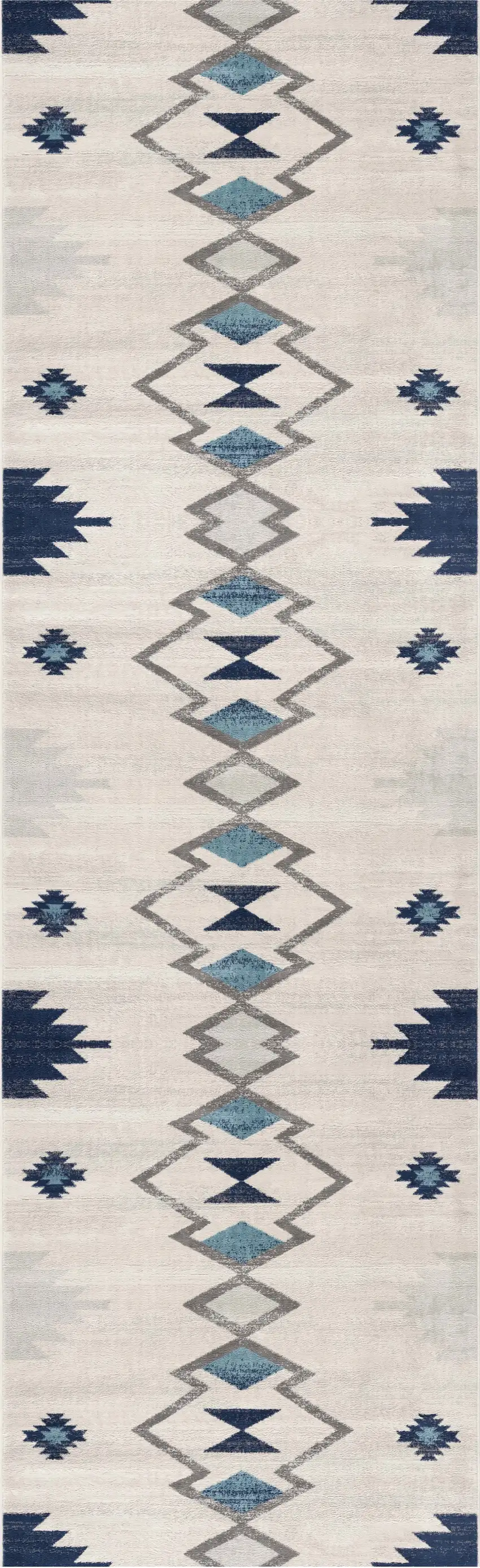 8' Blue And Ivory Southwestern Runner Rug Photo 1