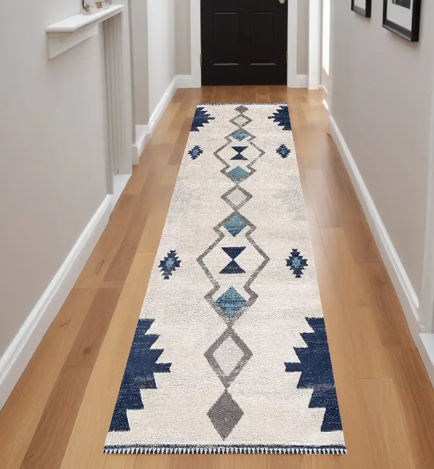 Blue and Ivory Southwestern Runner Rug Photo 1