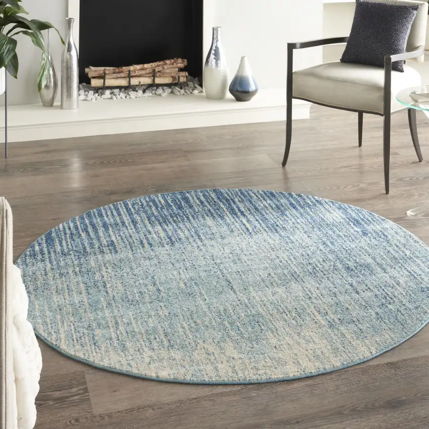 5' Blue And Ivory Abstract Round Rug Photo 5