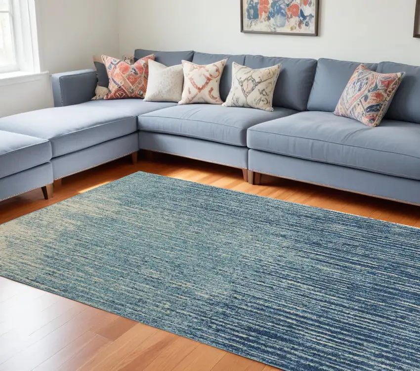 Blue and Ivory Abstract Stripes Power Loom Area Rug Photo 1