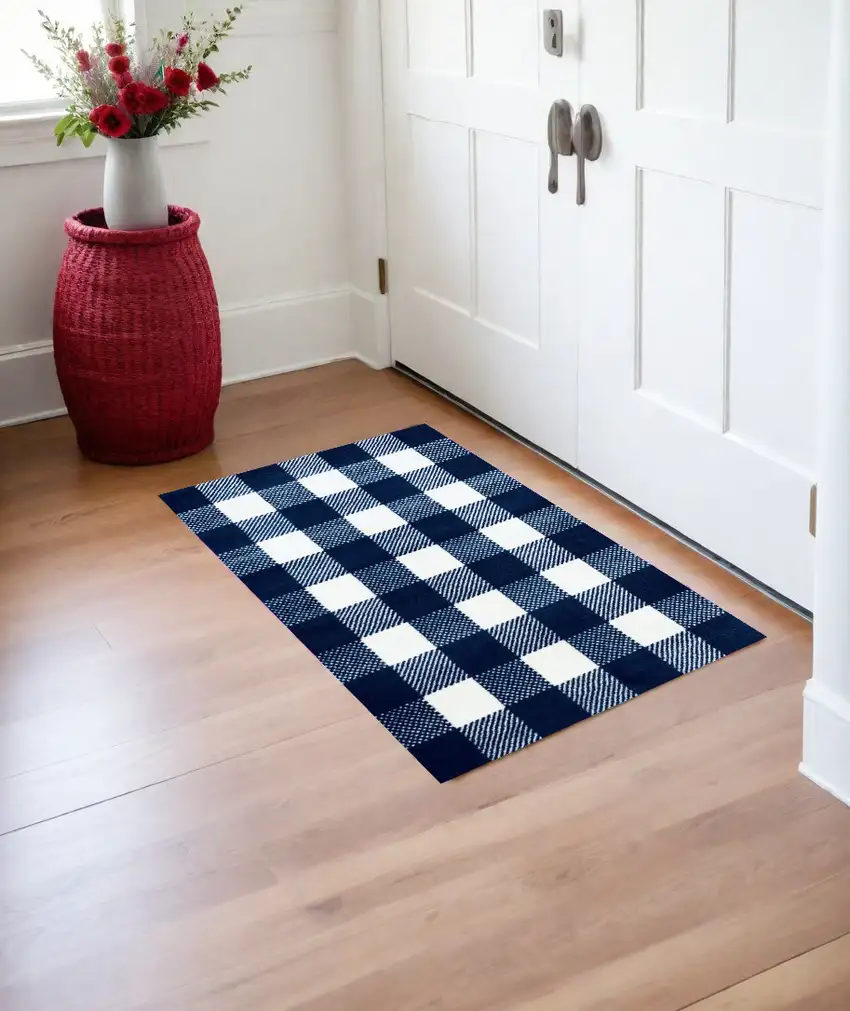 Navy and White Buffalo Plaid Washable Floor Mat Photo 1