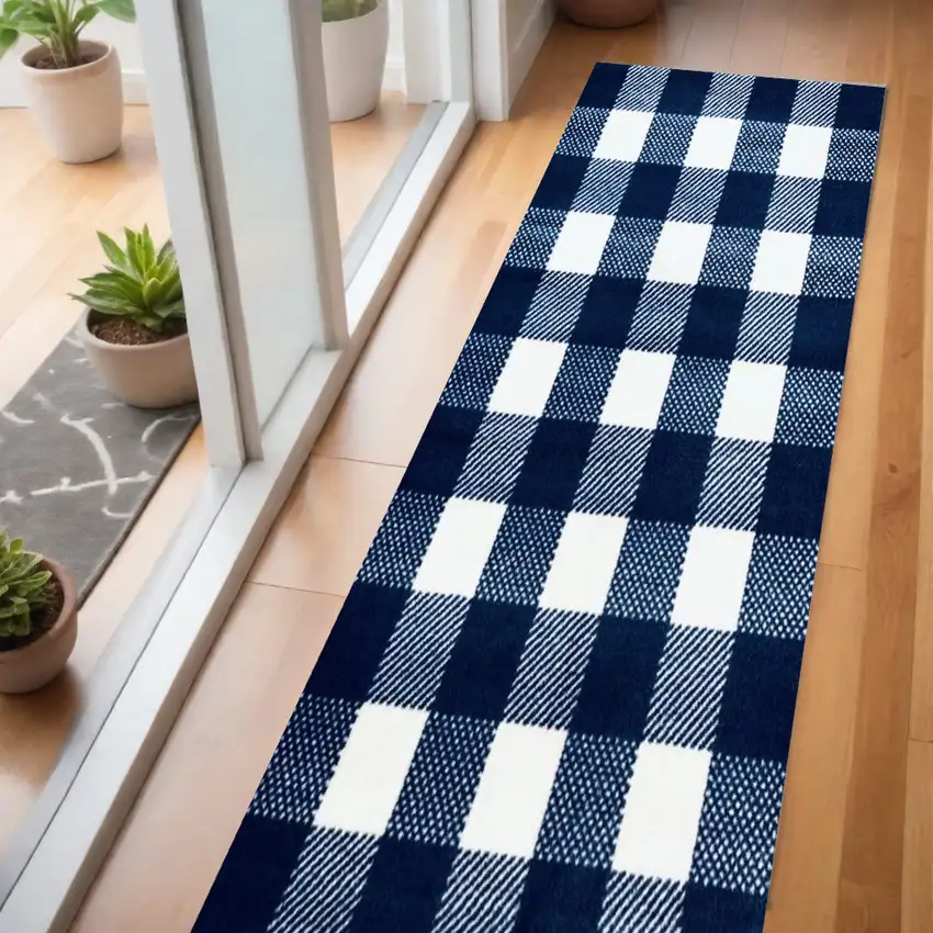 2' x 6' Navy and White Buffalo Plaid Washable Runner Rug Photo 1