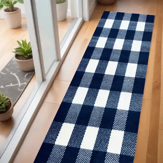 2' x 6' Navy and White Buffalo Plaid Washable Runner Rug Photo 1
