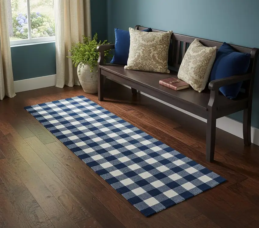 2' X 6' Navy and White Buffalo Plaid Washable Runner Rug Photo 1