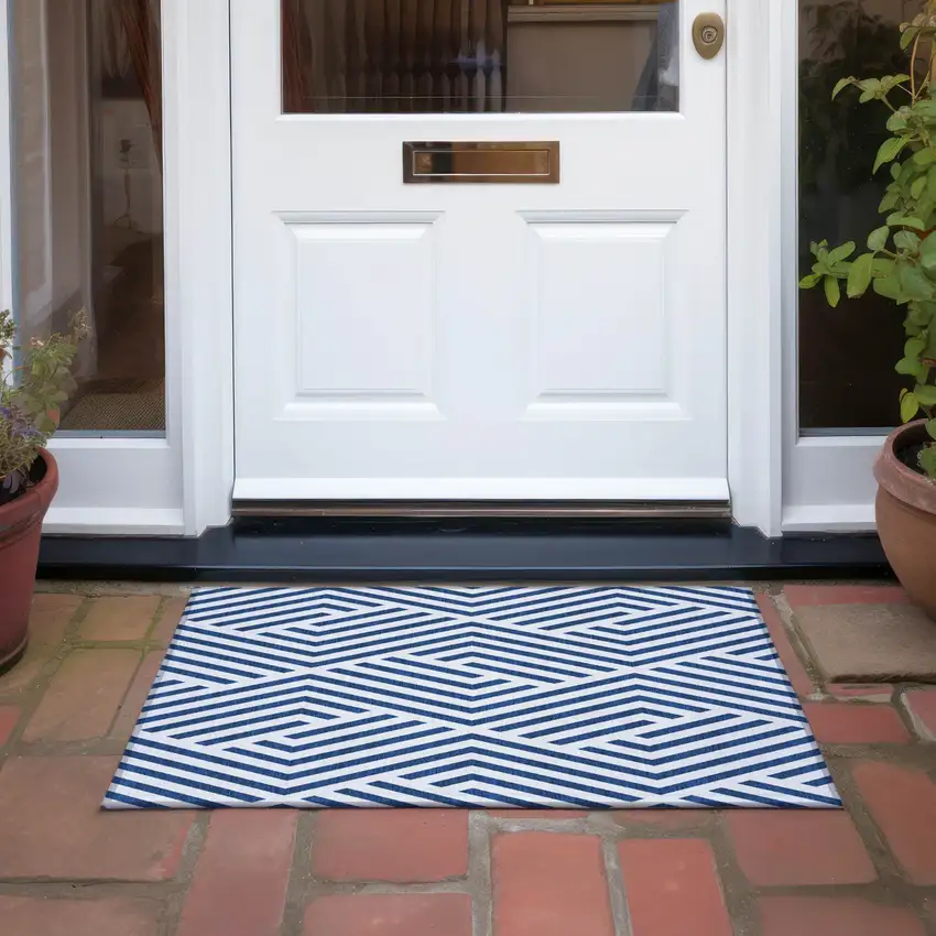 Navy and White Geometric Washable Non Skid Indoor Outdoor Area Rug Photo 7